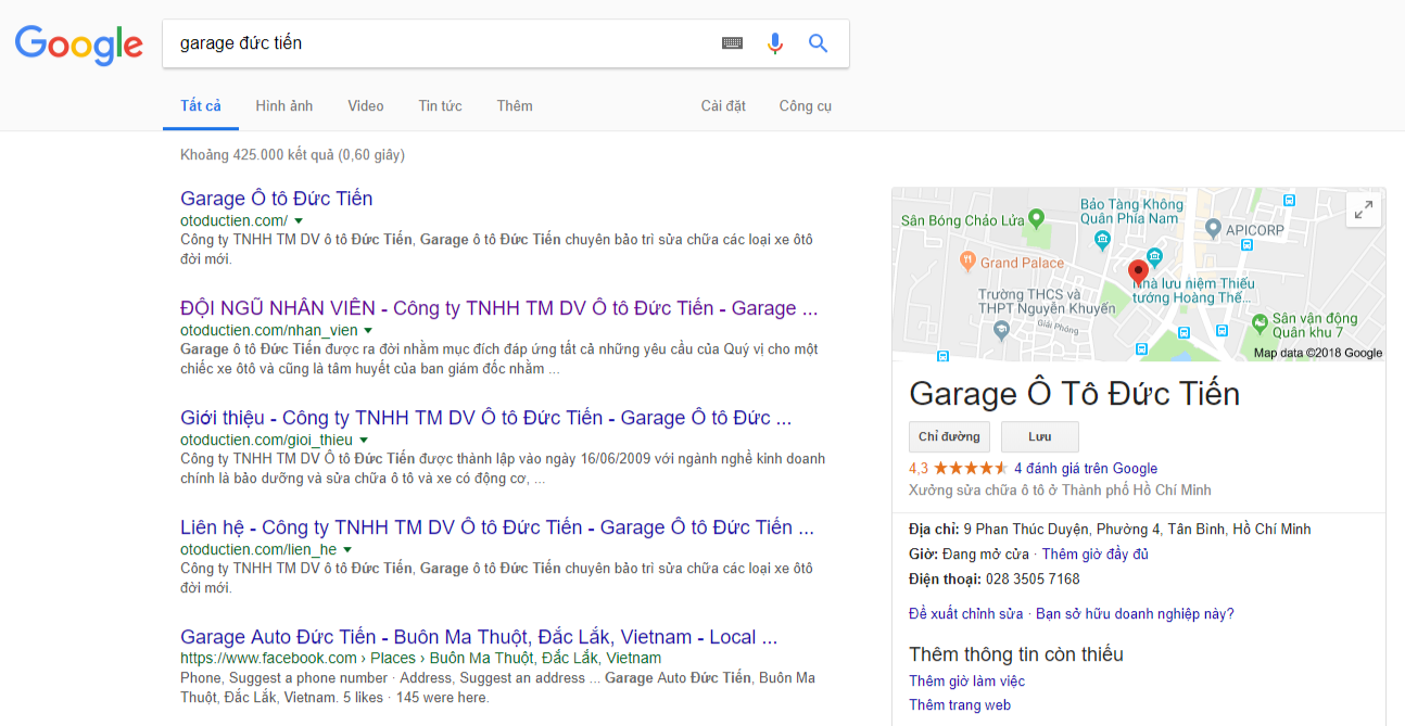 xếp hạng garage ô tô theo SEO trên Google