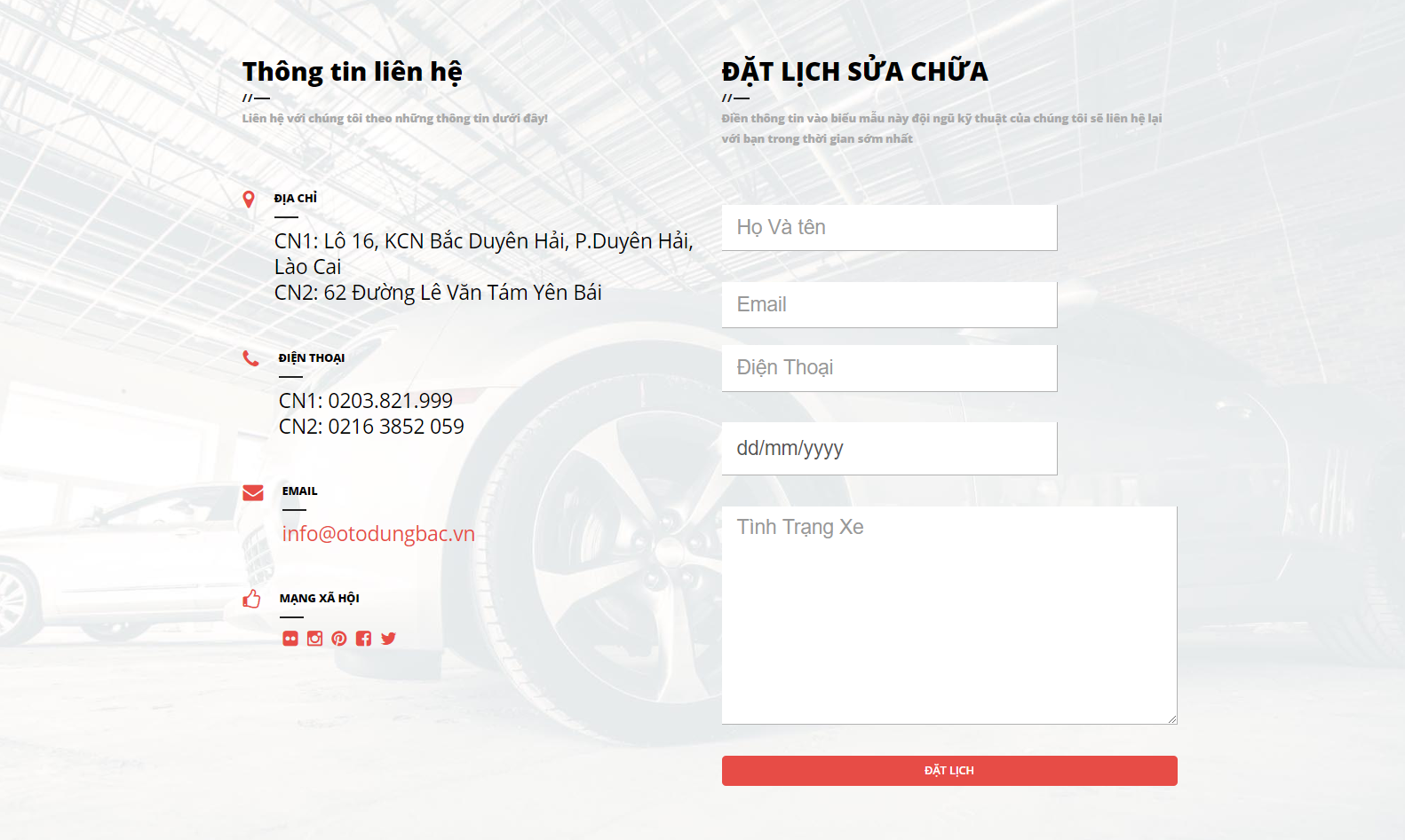 Trang thông tin liên hệ và đặt lịch sửa chữa của ô tô Dung Bắc